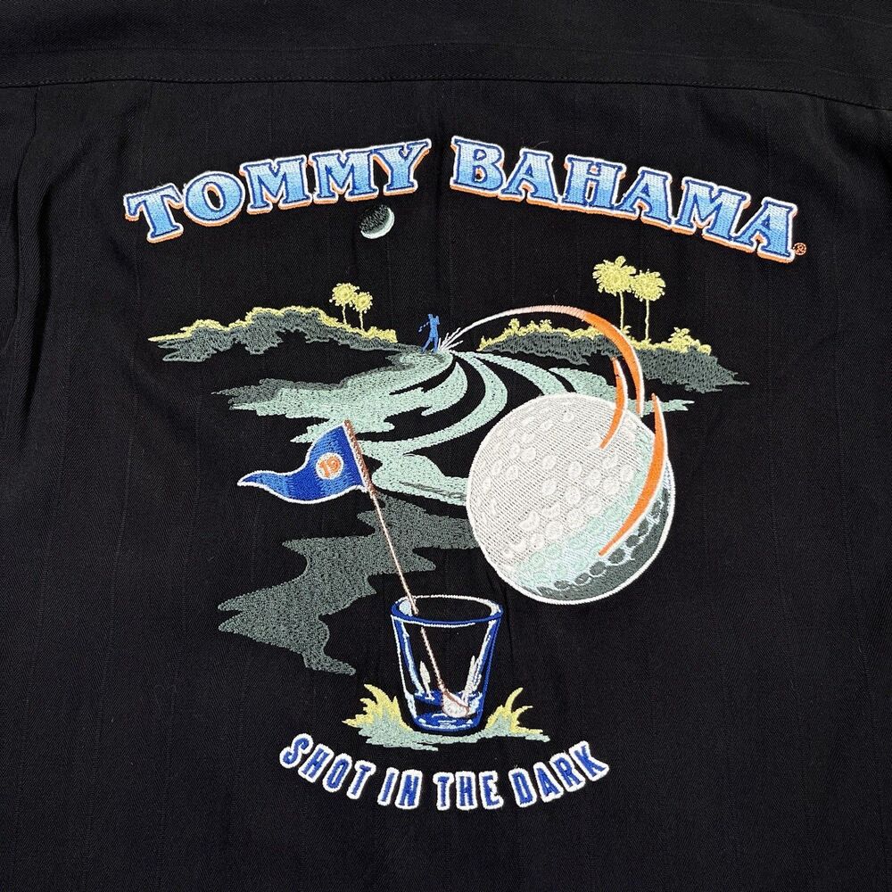 Tommy Bahama Shirt Mens Medium M Black Shot in the Dark Silk Golf Hawaiian Camp - Picture 2 of 14